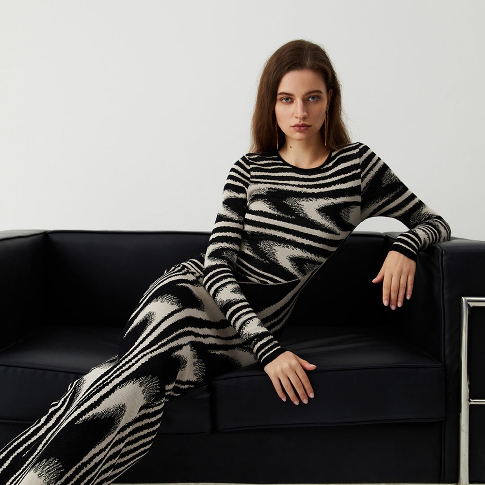 Commense Zebra Print Long Sleeved Black and White Swirl Dress - NWOT - Medium